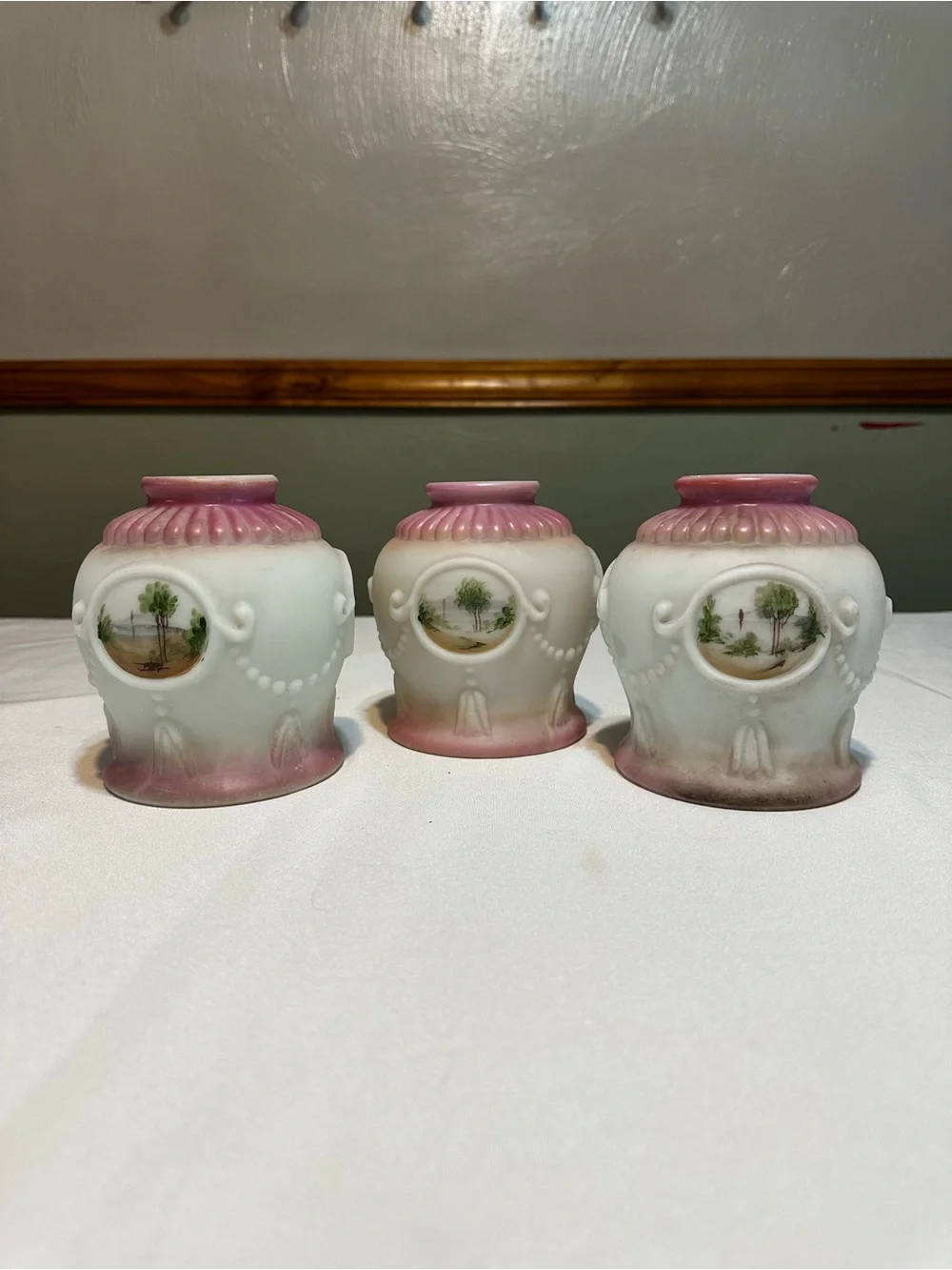 Antique / Vintage-Style frosted Pink and White hand painted globes set of 3
